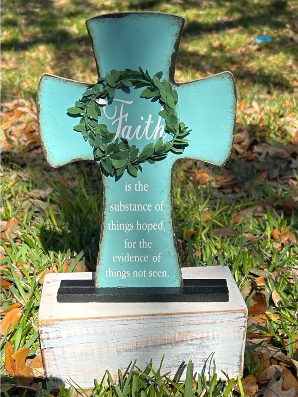 5/$25 Faith Wooden Cross with Green Wreath - Faith Decor